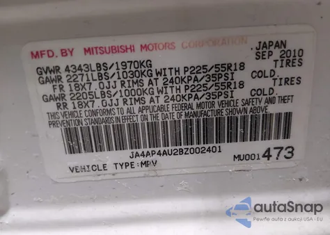 2011 Mitsubishi Outlander Sport Se из США, поврежденный, VIN JA4AP4AU2BZ002401